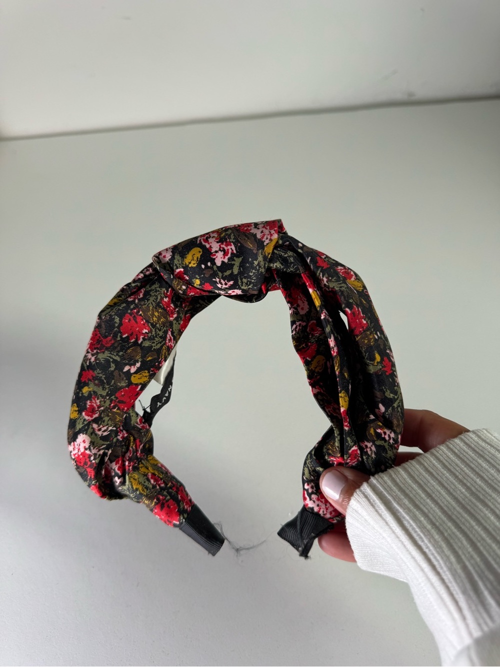 Something Navy Black Floral Knotted Headband with Red and Yellow Accents